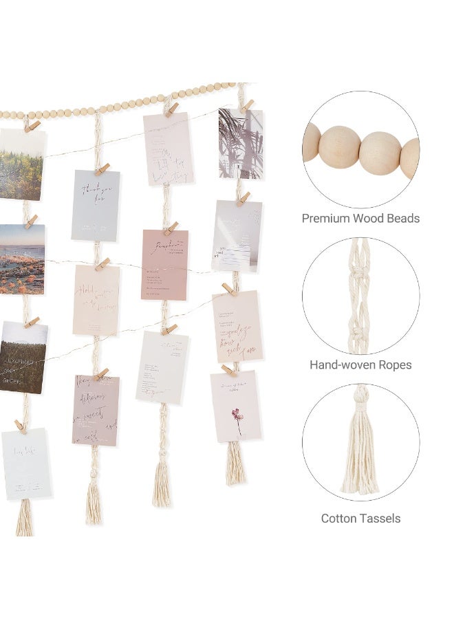 YelaJoy Hanging Photo Display Wall Decor with String Lights, Boho Wooden Beads Garland Collage Picture Card Frame Holder with 45 Clips for Bedroom Living Room Dorm, Teen Girls Gifts - Image 5